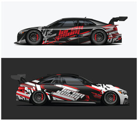 Two Race Cars with Different Red White and Black Vinyl Wrap Designs