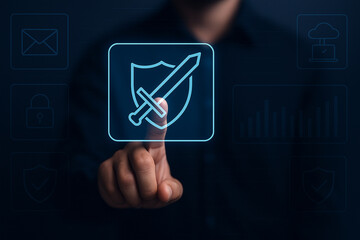 High Resolution Cybersecurity Sword Shield Icon Touchscreen Interface Secure Data Protection Concept Digital Finger Press Technology Stock Photo