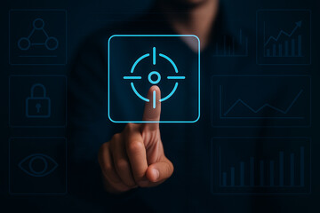 Professional man pressing futuristic digital target reticle icon on virtual screen with modern technology security analytics interface background design