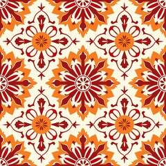 Seamless pattern with intricate red and orange floral mandalas and interconnecting scrollwork on a light cream background
