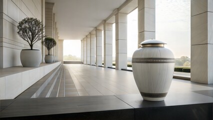 Cremation urn presented in a serene setting. This cremation urn, a respectful memorial, offers solace in a time of grief. Consider cremation urn as a dignified way to honor loved ones
