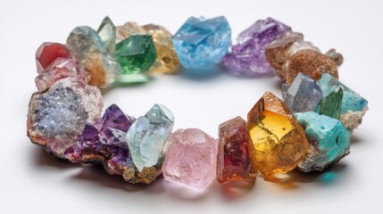 A variety of natural crystals in different shapes and colors are arranged in a circular formation. Each crystal reflects light uniquely, showcasing their beauty and diversity.