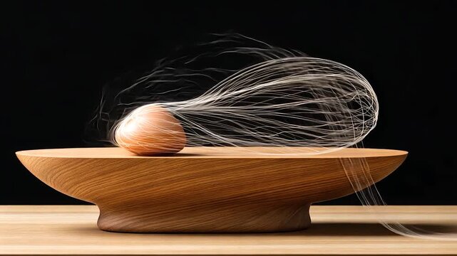 A single brown egg rests on a wooden bowl, enveloped by ethereal, flowing white strands; smoke subtly rises