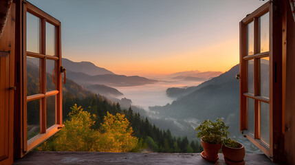 Fototapeta premium Open window overlooking stunning mountain valley sunrise with fog