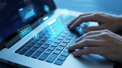 A close-up of a person typing on a laptop keyboard with futuristic digital data files and charts floating above the screen.  Concept of digital transformation, cloud computing, and data management.