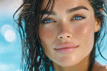 A woman with blue eyes and a tan complexion