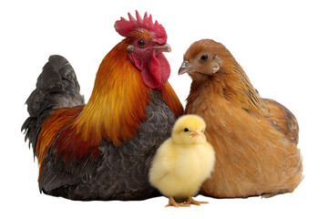 Fototapeta premium Rooster, hen, and chick together.