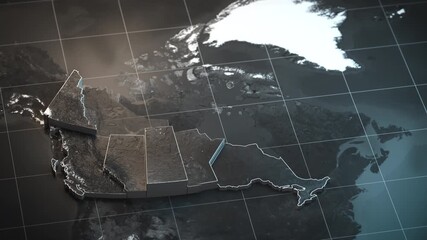 Map of Canada with country regions outlines. 3d animation - Powered by Adobe