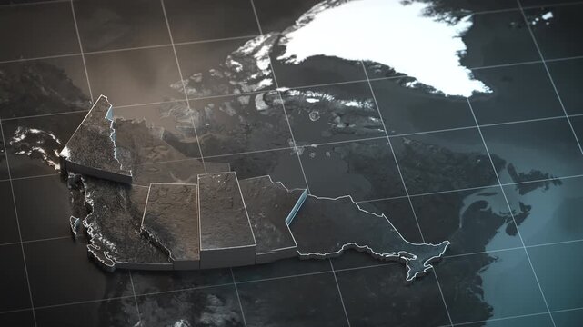 Map of Canada with country regions outlines. 3d animation