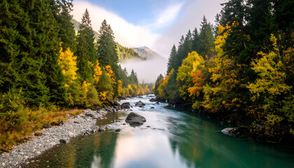 Autumn River Valley Landscape.
