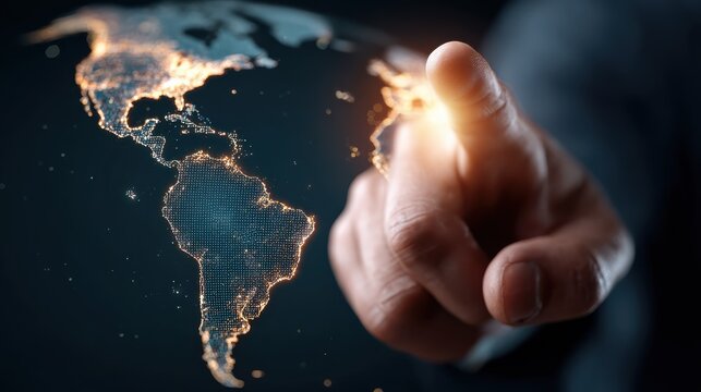 Close-up of man finger pointing at South America on digital world map. Global business strategy, international investment, worldwide economy development, tech innovation, market analysis.