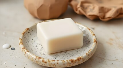 Photograph of an off-white square soap on a speckled ceramic dish. Natural earth tones, browns, and beiges create a muted color palette 