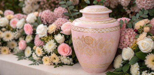 Elegant cremation urn with delicate pink and gold details surrounded by fresh flowers, perfect for memorial services. 
