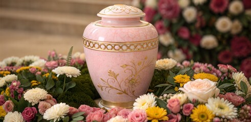 Pink funeral urn surrounded by flowers, a touching tribute to life, displayed with grace and beauty. Funeral urn in soft pink with delicate gold details on a bed of roses, daisies, and greenery.