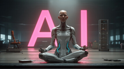 Futuristic AI Console Scene Young Man in Tech-Suit with Neon Glow, Holograms, and Symmetry, Robotic woman in yoga pose.