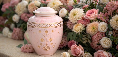 Cremation urn rests among fresh pink and white roses. Floral arrangement displays cremation urn, with pastel colors and delicate details.