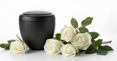 Black urn surrounded by white roses conveys sympathy and remembrance. Remembrance urn is a somber symbol of respect and mourning, resting alongside delicate white roses.