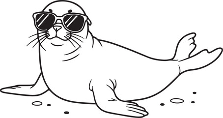 Clean line art of a seal with sunglasses relaxing under the sun, outline only, for coloring book pages,