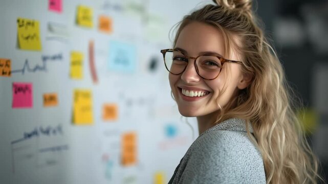 A woman with glasses and a ponytail is smiling at a white board with colorful sticky notes on it