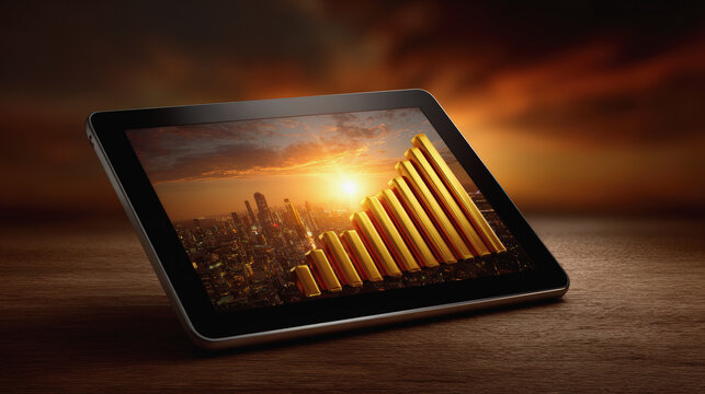 Tablet displaying golden bar graph against sunset cityscape, symbolizing growth and success. warm colors evoke sense of optimism and opportunity
