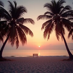 Sunset Beach Scene with Palm Trees and Retro Color Tones