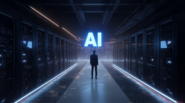 Asian man holding AI chip in server room with AI hologram and futuristic data streams