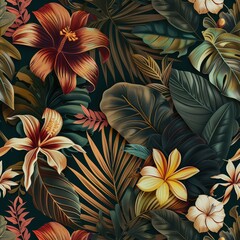 Seamless pattern of exotic tropical flowers and lush dark green and bronze leaves © PhotoToolsAi