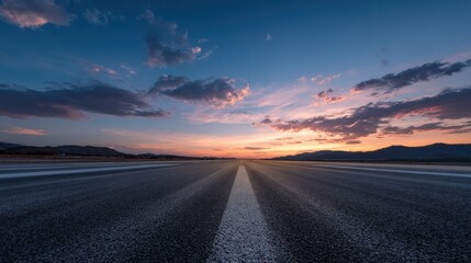 Naklejka premium Evening light, a flat, large asphalt road stunning sky at twilight. High quality photo