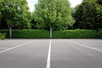 Empty parking lot with trees and hedge