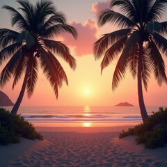 Sunset Beach Scene with Palm Trees and Retro Color Tones