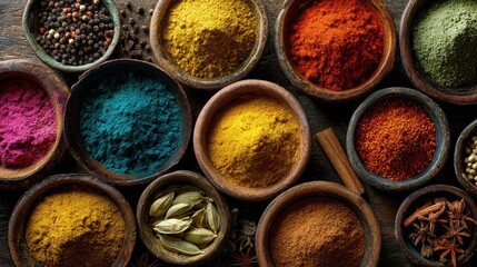 A vibrant and colorful assortment of spices in various bowls, showcasing the diversity and richness of culinary ingredients. The image represents the spice market experience.