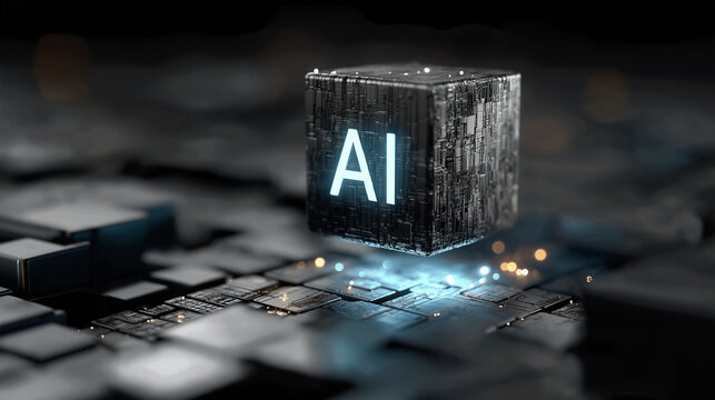 Glowing AI cube above black-gray stacked cubes, symbolizing artificial intelligence with dramatic lighting effects, 3d render of a glowing cube AI text on a black background.