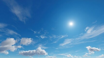 A clear, bright blue sky with the sun shining and only a few wispy clouds scattered around