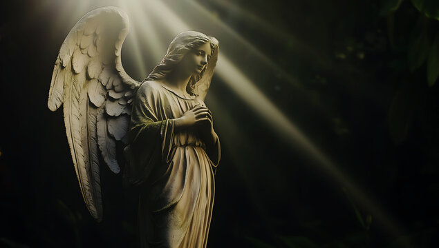 Majestic stone angel statue bathed in divine light rays, symbolizing hope, spirituality, and eternal peace, ideal for religious and memorial designs