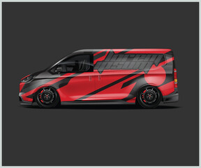 Sleek Red and Black Custom Van with Dynamic Graphics and Low Profile Wheels