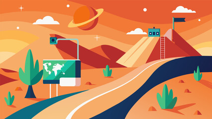 A journey through a virtual desert raising awareness about the effects of climate change and the importance of sustainability.. Vector illustration