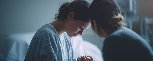A patient in hospital gown with a loved one holding their hand. Shows support, empathy, illness, care, and hope. Perfect for healthcare, family, and emotional campaigns.