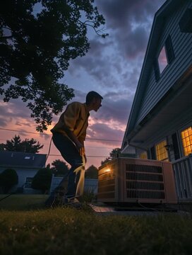 HVAC repair man service- 24 hour repair service for air conditioner, condenser - a man works on a heating and air system at night , after hours house call. 