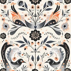 A whimsical and symmetrical folk art pattern featuring stylized black, grey, and orange flowers and birds on a light background, creating an intricate design.