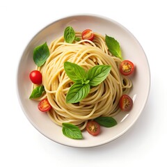 A white bowl showcases cooked spaghetti pasta artfully arranged and garnished