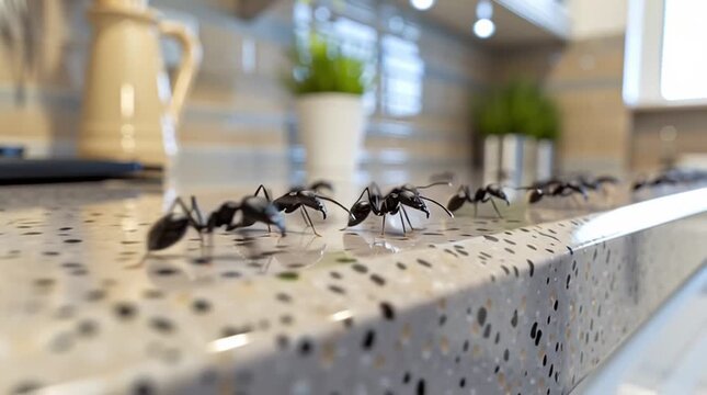 Ants marching across the kitchen counter. A close up view of insects in a modern kitchen - ant colony in house interior, countertop, pest control concept, tracking shot	

