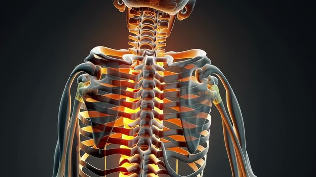 A skeleton is shown with its back turned and its ribs glowing red. The skeleton is sitting on a black background