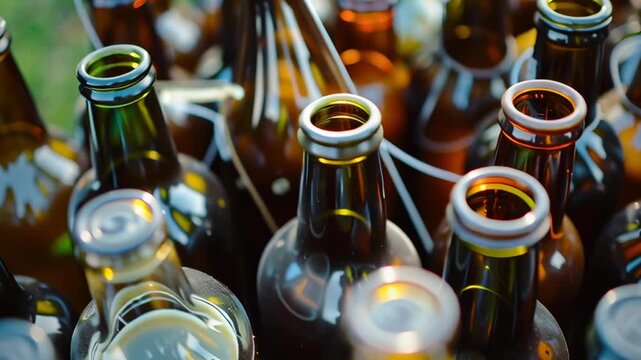 A bunch of beer bottles are on a table. The bottles are mostly brown and some are green