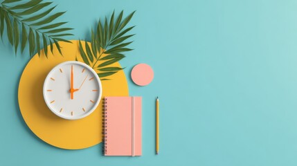 Minimalist Clock Planner And Tropical Leaves On A Blue Background