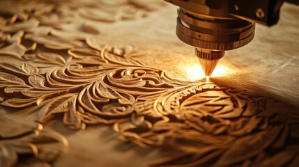 Ornate wood carving being created by a laser engraver.