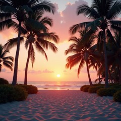 Sunset Beach Scene with Palm Trees and Retro Color Tones