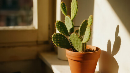 Close-up of a small cactus plant in a terracotta clay pot placed on a bright sunny windowsill. Natural light streaming through the window creates warm highlights and soft shadows. Perfect for themes