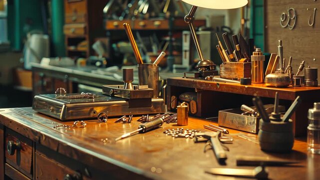 Workshop with tools and lamp