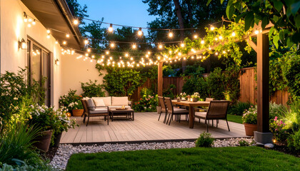 Backyard patio with evening lights, and summer.
