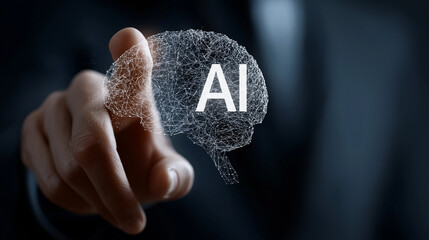 Businessman holding AI hologram with digital blue futuristic interface background and copy space for technology concept.